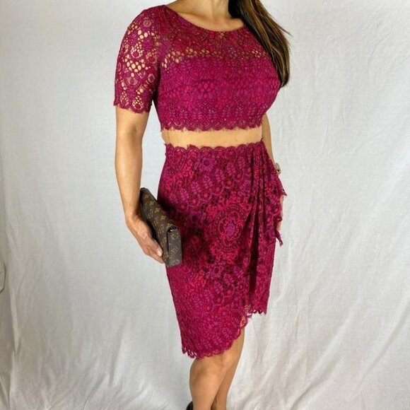 Marchesa Notte Deep Red Lace Sheer Dress $795 - Picture 9 of 12